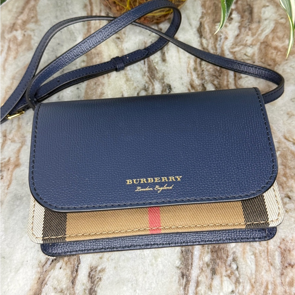 Burberry Blue and Tan Crossbody Bag with Gold Hardware
